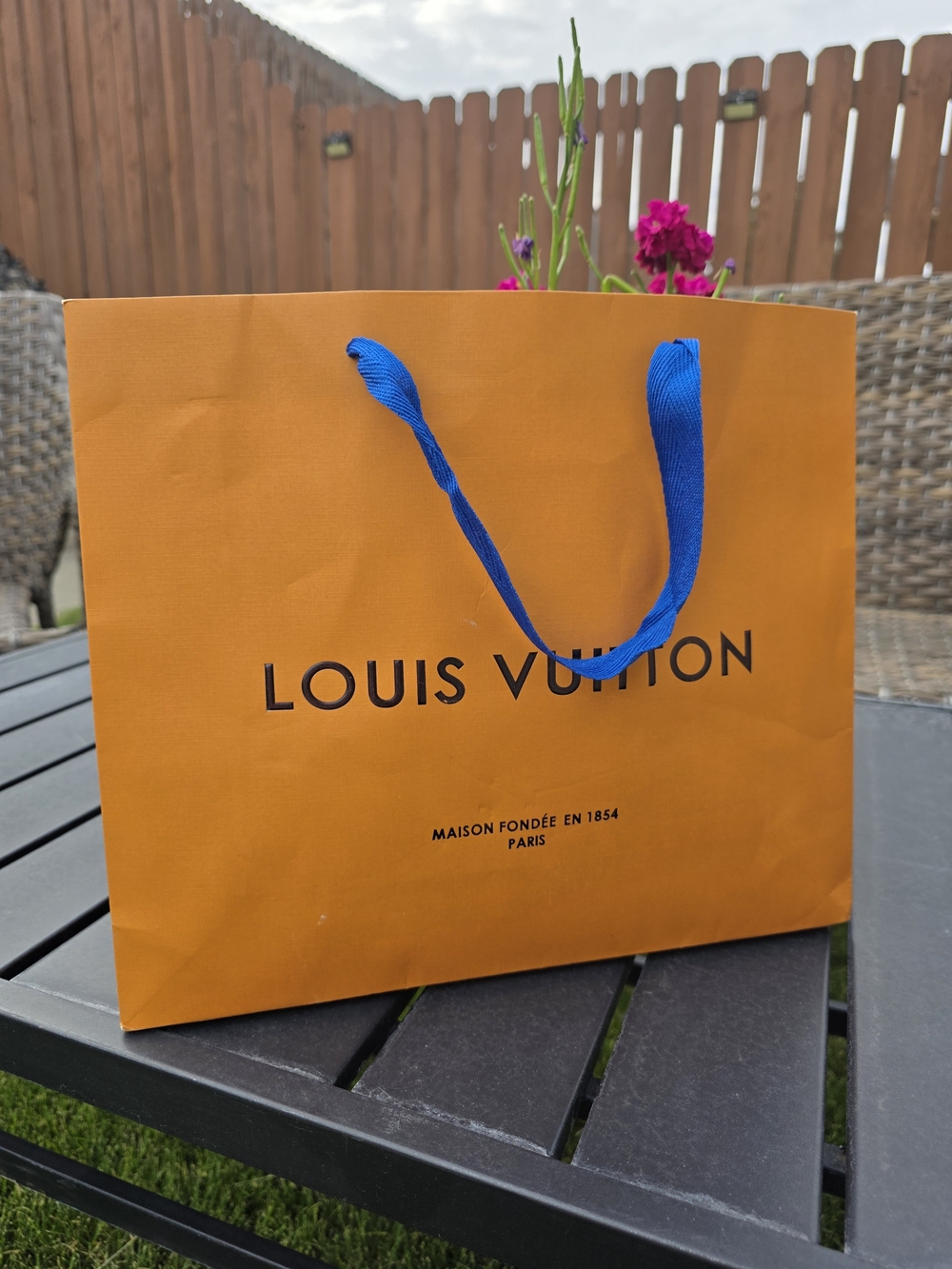Louis Vuitton Authentic Paper Shopping Bag Orange Blue Ribbon LV Collector